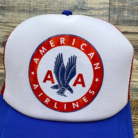 American Airlines Mens Trucker Hat Blue Snapback Retro Airplane Logo Ball Cap - Picture 2 of 7
